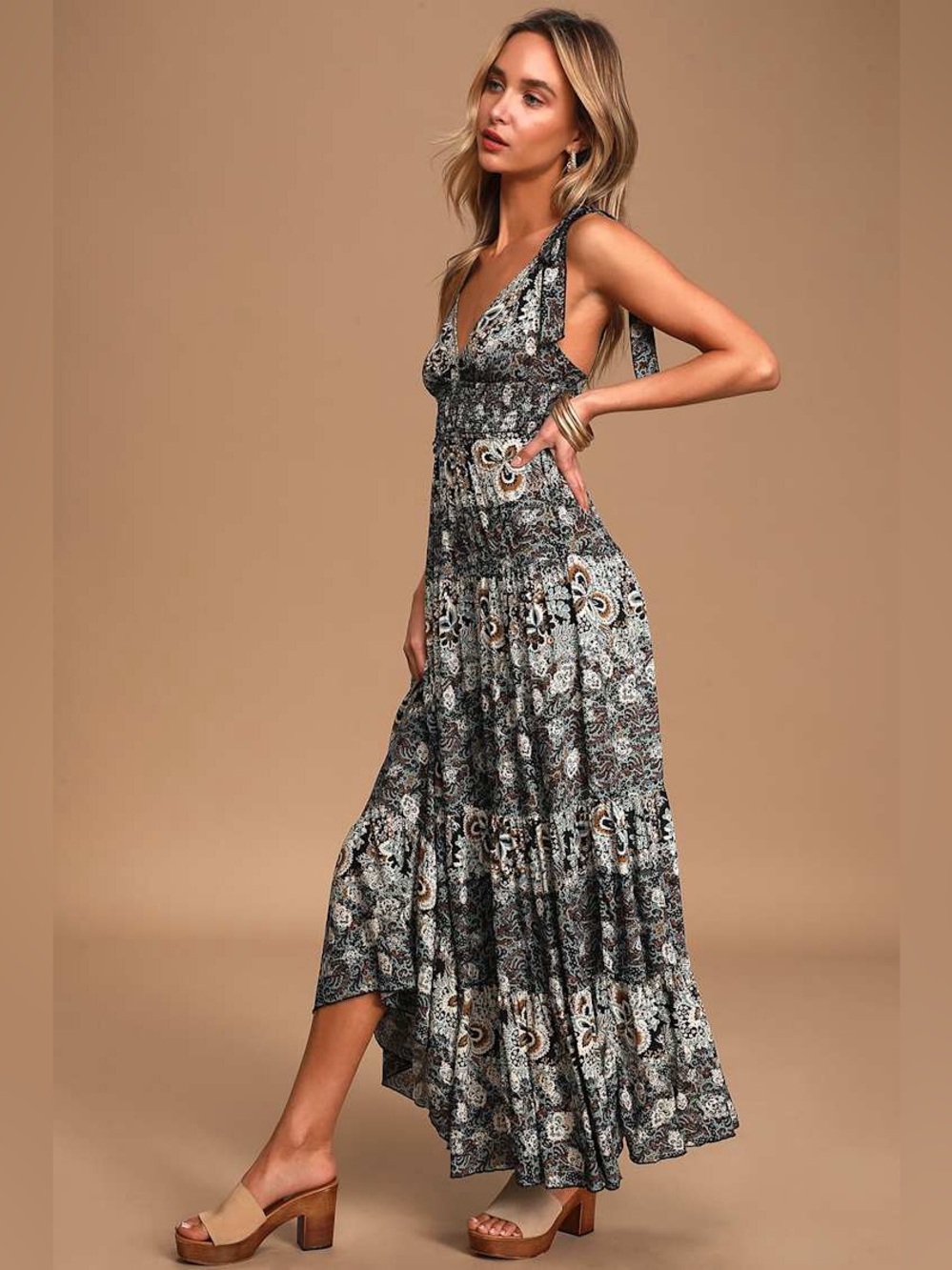 Free People Black and Cream Floral Paisley Tie-Shoulder Maxi Dress